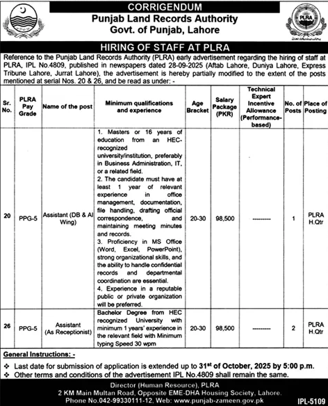 Jobs in Punjab Land Records Authority Lahore